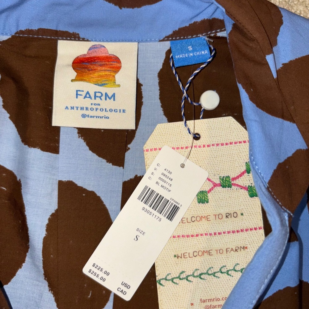Anthropologie Farm Rio Mini Dress Blue Puff Sleeve Bow Vacay Resort Retro S NWT - Picture 13 of 16